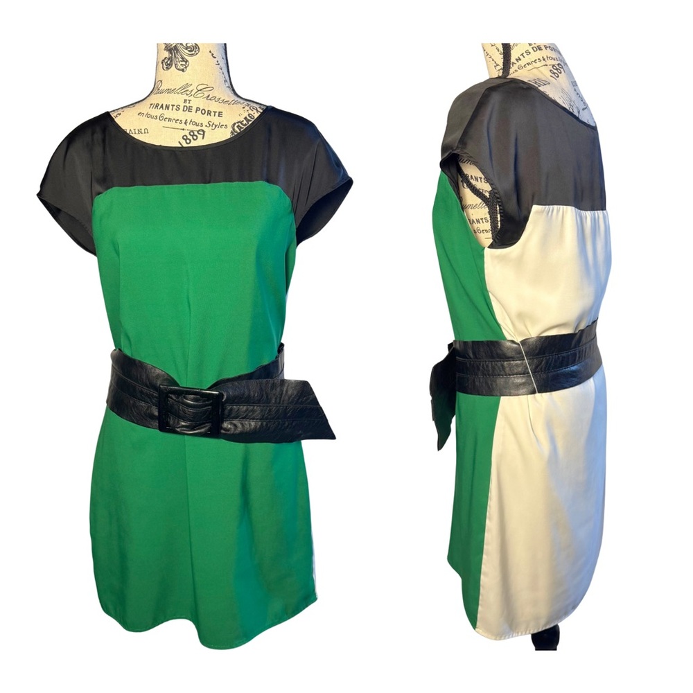 Express‎ Coloblock Green Black and Cream Dress with Faux Leather Belt Size XS